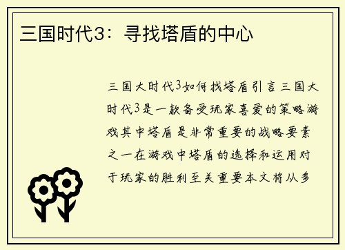 三国时代3：寻找塔盾的中心